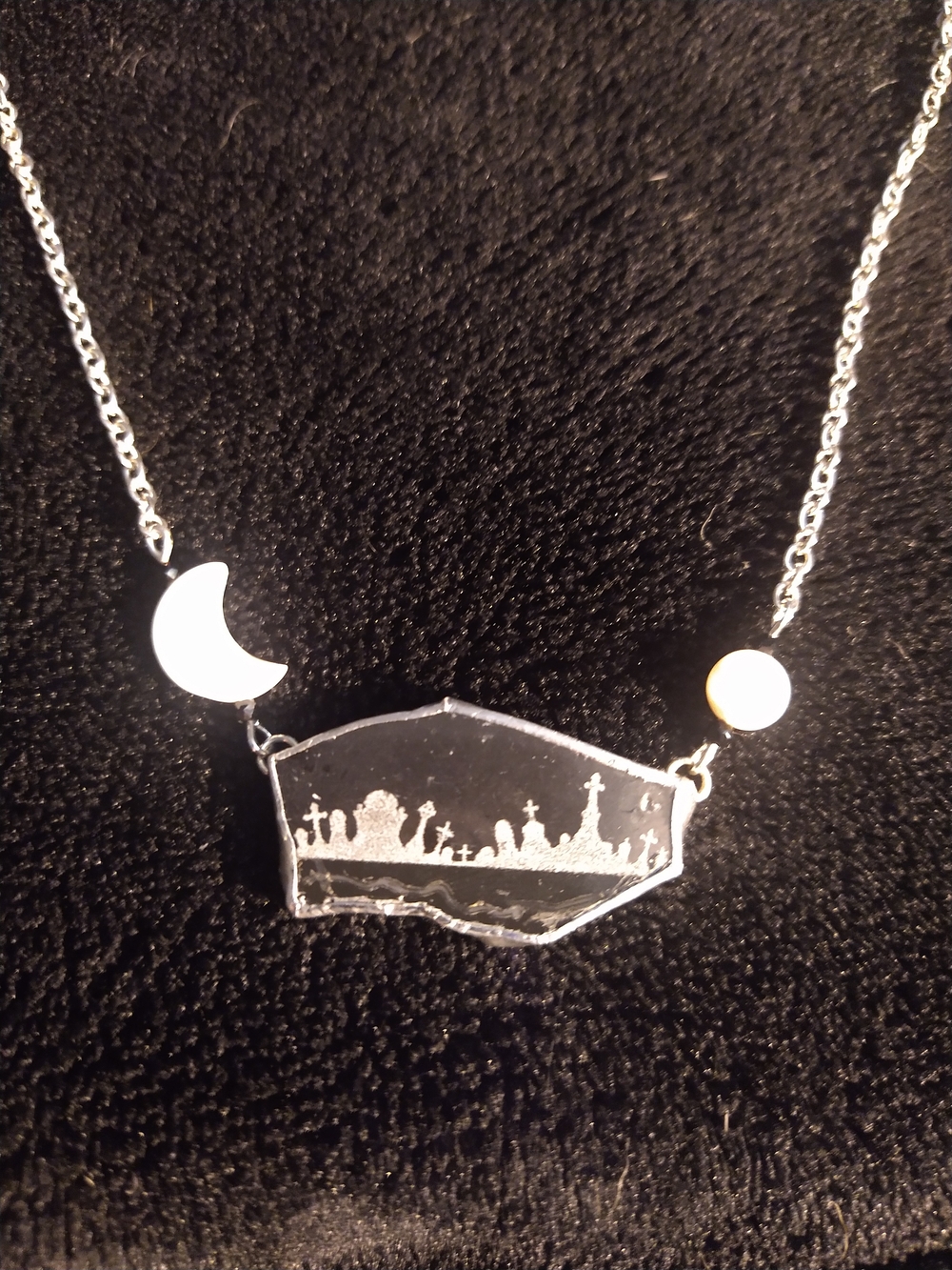 Silver Moon & Graveyard Pendant Necklace - Shell Crescent And Full Moon